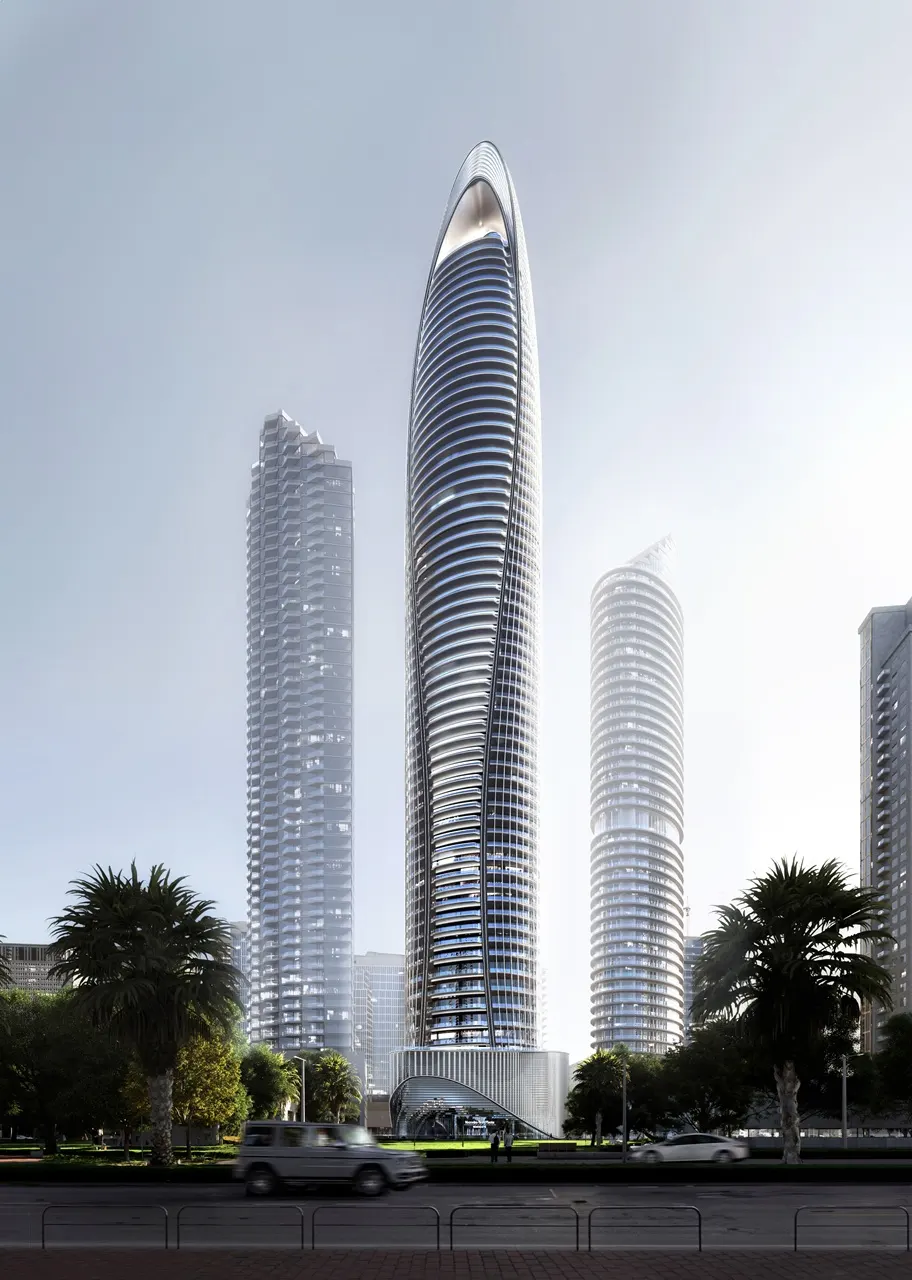 Mercedes-Benz Places by Binghatti elegant tower façade viewed from street level with landscaped surroundings in Dubai - Presented by Tohid Fetrat