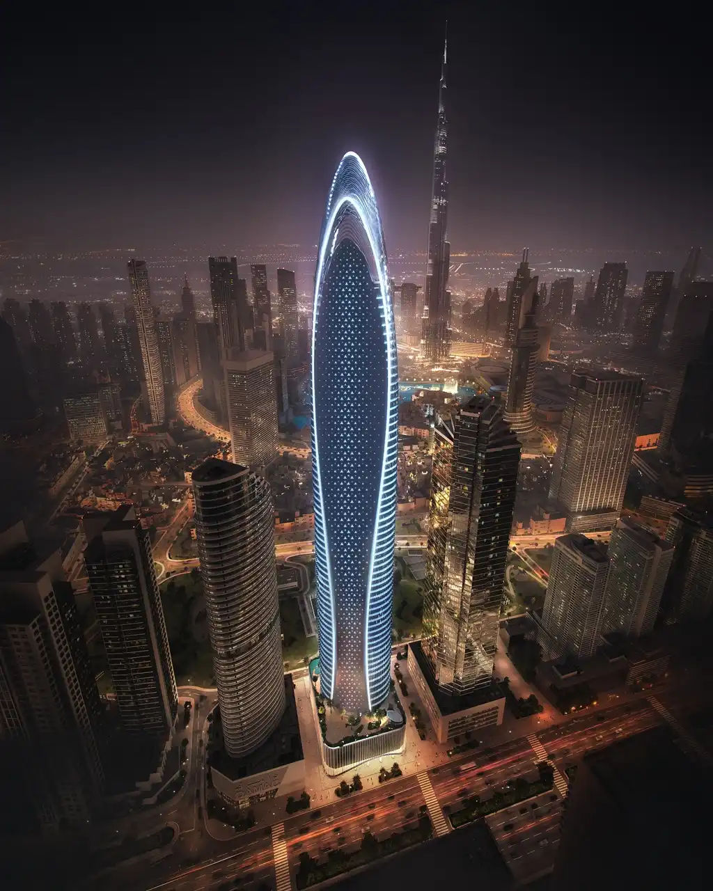 Mercedes-Benz Places by Binghatti illuminated architectural tower overlooking the Downtown Dubai skyline and Burj Khalifa at night in Dubai - Presented by Tohid Fetrat