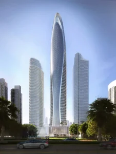 Mercedes-Benz Places by Binghatti iconic tower façade viewed from street level with surrounding modern high rise buildings in Dubai - Presented by Tohid Fetrat