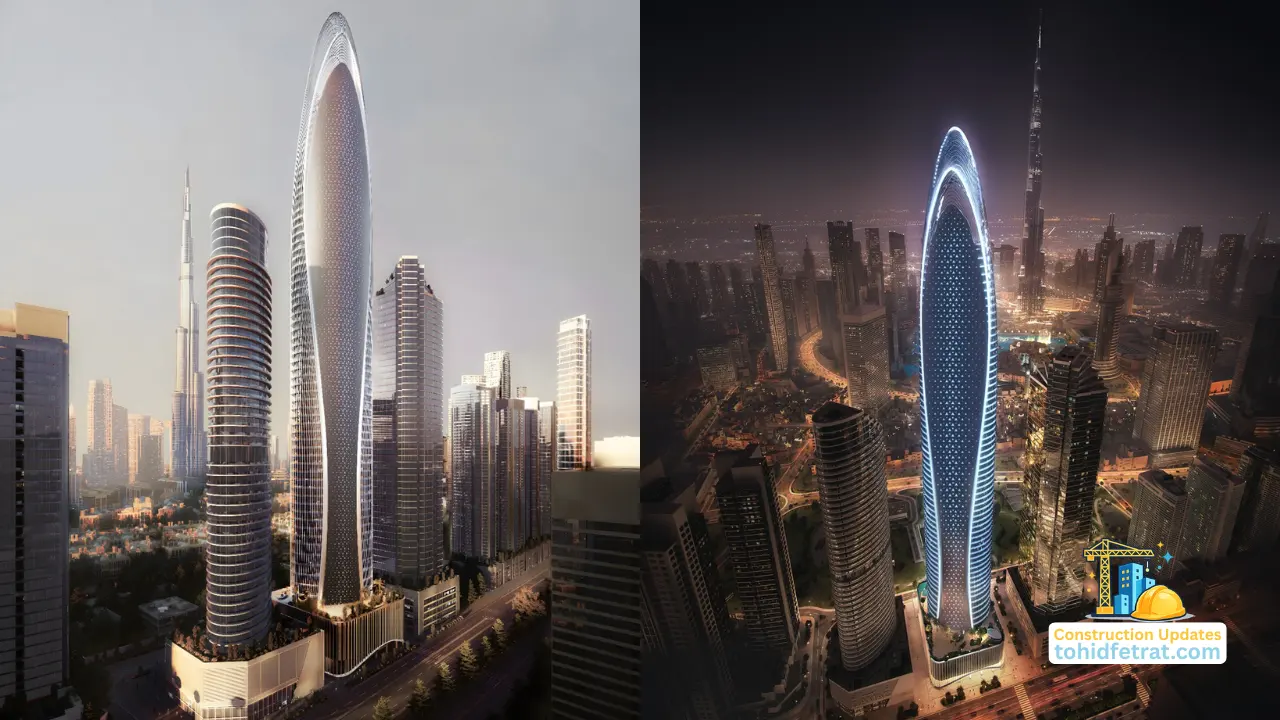Mercedes-Benz Places Construction Update April 2026 featuring daytime and nighttime tower perspectives highlighting architectural design and development progress in Downtown Dubai. Presented by Tohid Fetrat