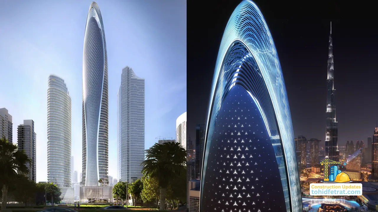 Mercedes-Benz Places Construction Update January 2025 featuring daytime and nighttime architectural views of the landmark tower in Downtown Dubai. Presented by Tohid Fetrat
