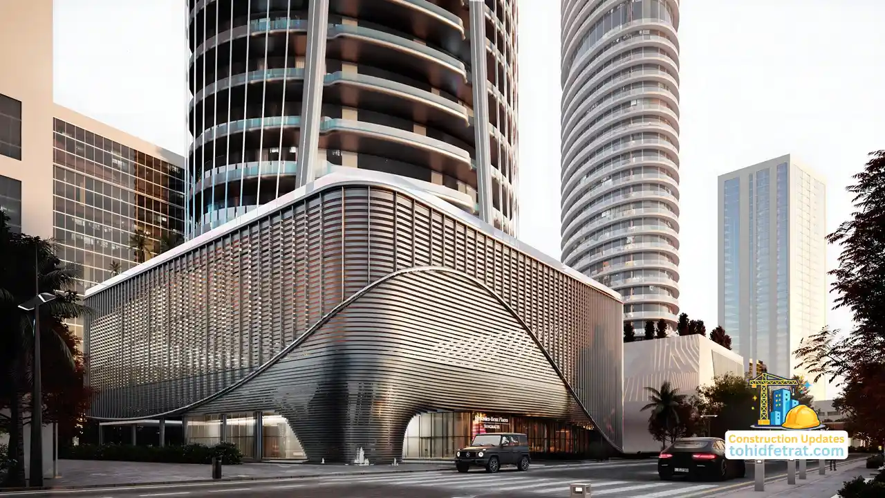 Mercedes-Benz Places Construction Update October 2025 featuring the podium structure, contemporary façade detailing and surrounding towers in Downtown Dubai. Presented by Tohid Fetrat