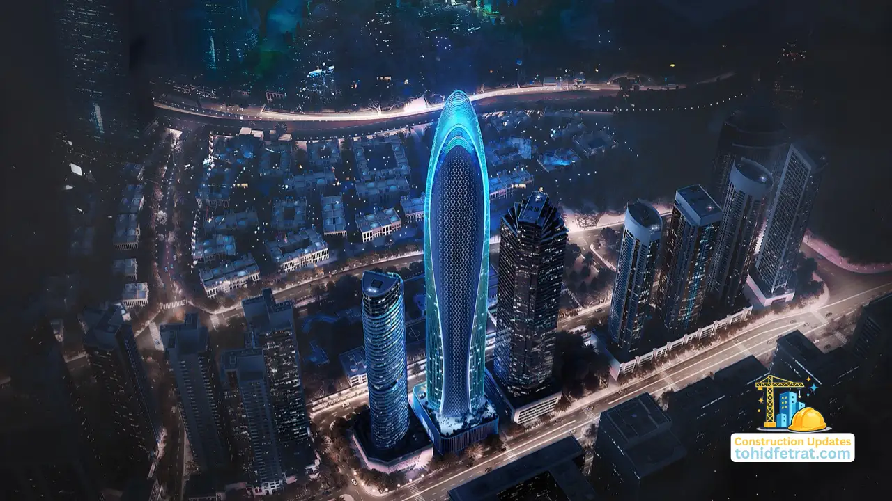 Mercedes-Benz Places Construction Updates featuring the illuminated landmark tower, surrounding skyscrapers and ongoing development activity in Downtown Dubai at night. Presented by Tohid Fetrat