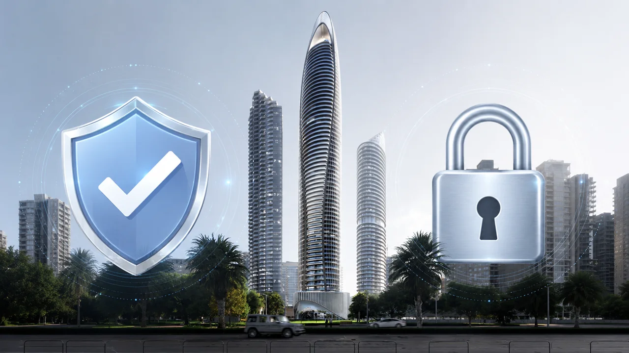 Mercedes-Benz Places escrow account illustration featuring the landmark tower with security shield and lock symbols representing protected property investment in Dubai. Presented by Tohid Fetrat