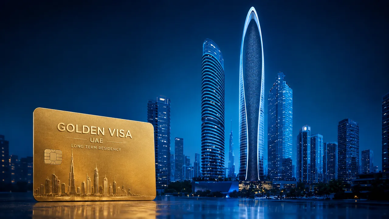 Mercedes-Benz Places Golden Visa illustration featuring the landmark tower and UAE Golden Visa card representing luxury property investment opportunities in Dubai. Presented by Tohid Fetrat