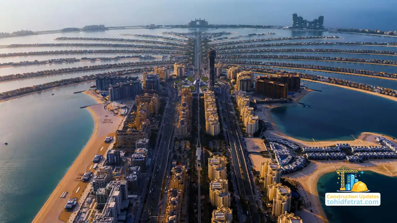 Aerial view of Palm Jumeirah waterfront development and island infrastructure during Nakheel Construction Updates in Dubai Presented by Tohid Fetrat