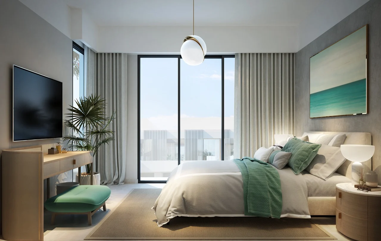 NARA at The Valley by Emaar contemporary bedroom interior with floor to ceiling windows in Dubai - Presented by Tohid Fetrat