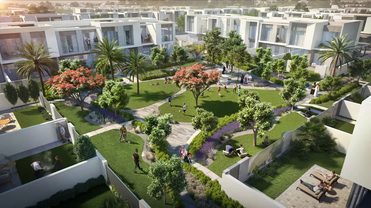 NARA at The Valley by Emaar central community park and landscaped townhouse surroundings in Dubai - Presented by Tohid Fetrat