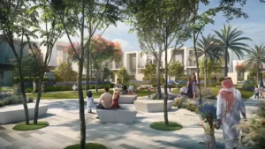 NARA at The Valley by Emaar landscaped community green space and outdoor seating area in Dubai - Presented by Tohid Fetrat