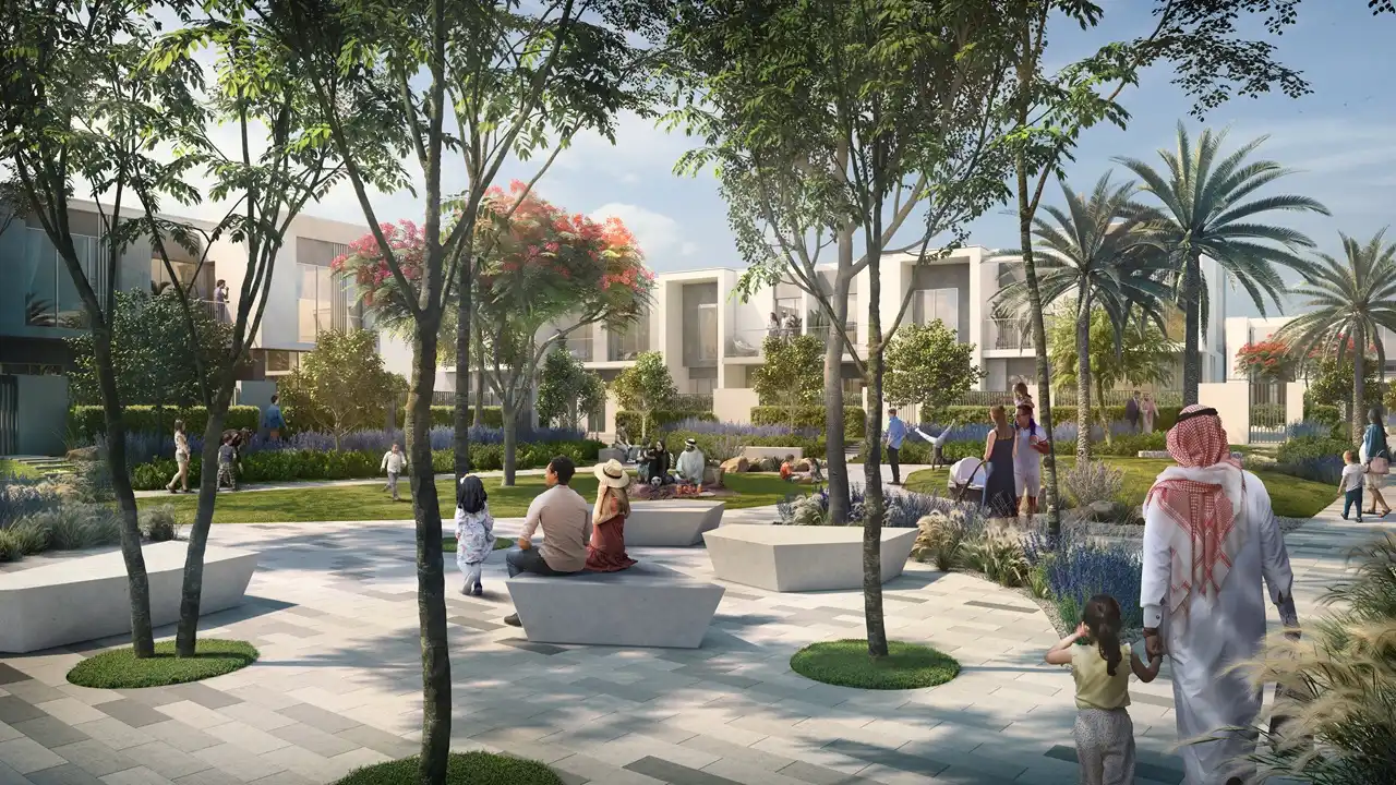 NARA at The Valley by Emaar landscaped community green space and outdoor seating area in Dubai - Presented by Tohid Fetrat