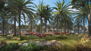 NARA at The Valley by Emaar landscaped palm park and outdoor relaxation area in Dubai - Presented by Tohid Fetrat