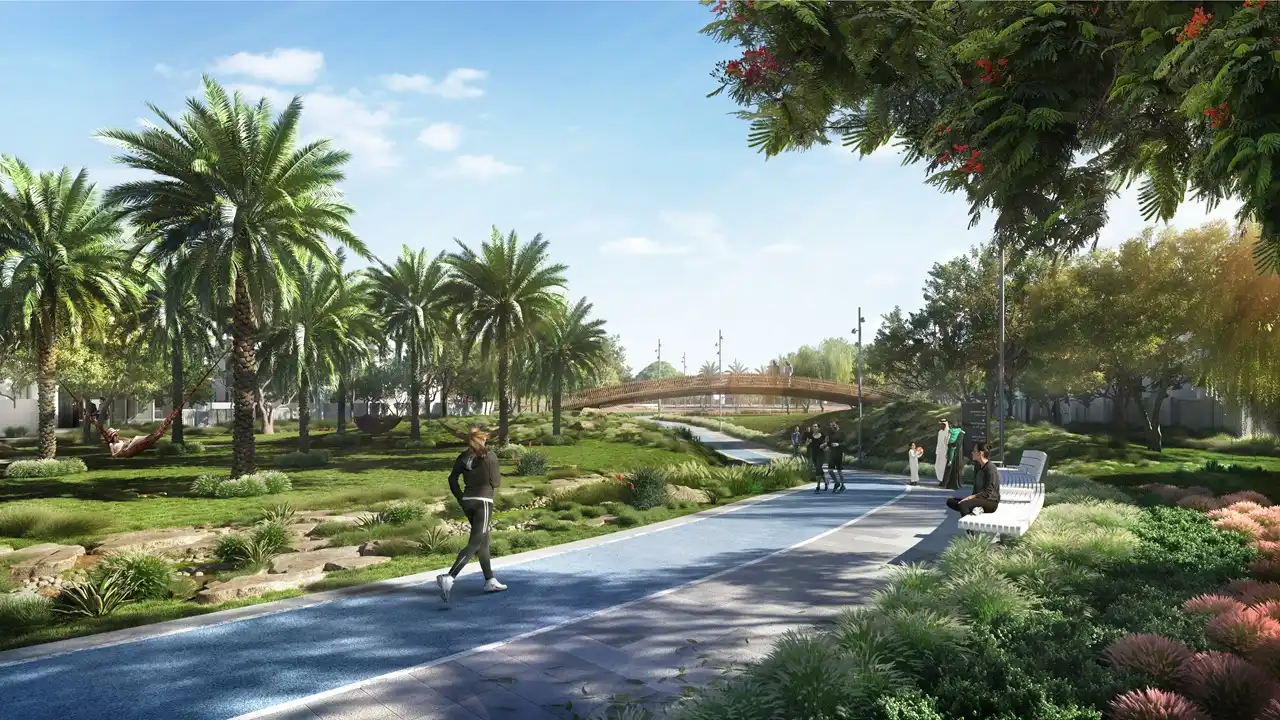 NARA at The Valley by Emaar landscaped park walkway and outdoor lifestyle amenities in Dubai - Presented by Tohid Fetrat