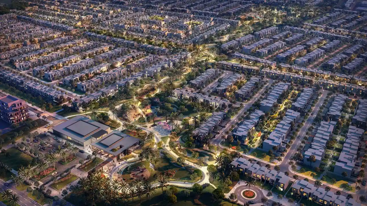 NARA at The Valley by Emaar aerial master community view with landscaped amenities in Dubai - Presented by Tohid Fetrat