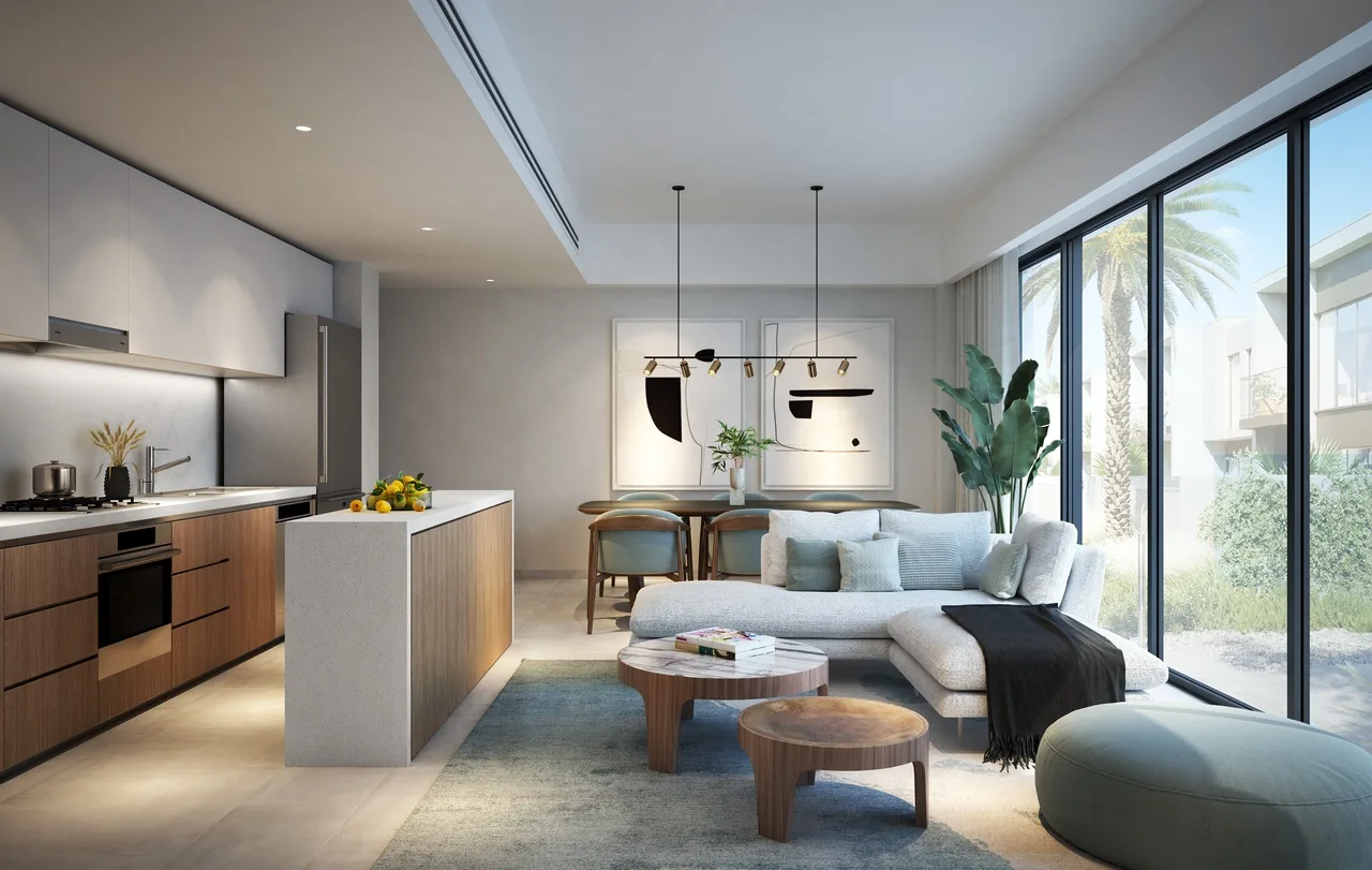 NARA at The Valley by Emaar modern open kitchen and living space interior in Dubai - Presented by Tohid Fetrat
