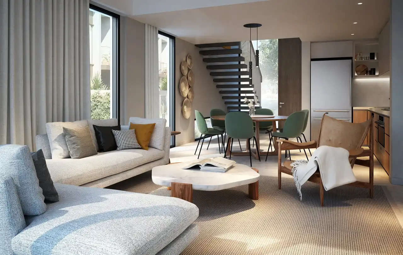 NARA at The Valley by Emaar open plan living and dining interior in Dubai - Presented by Tohid Fetrat