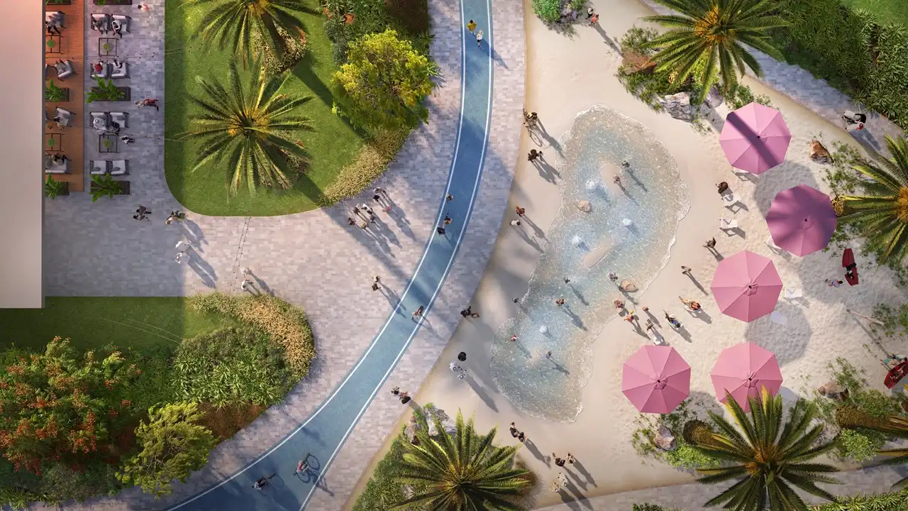 NARA at The Valley by Emaar aerial view of recreational park and outdoor amenities in Dubai - Presented by Tohid Fetrat