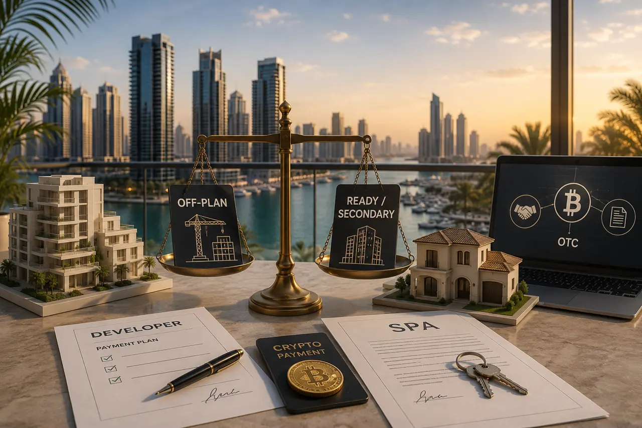 Comparison of off plan and ready secondary Dubai property purchases with crypto payment concept and waterfront real estate investment Presented by Tohid Fetrat