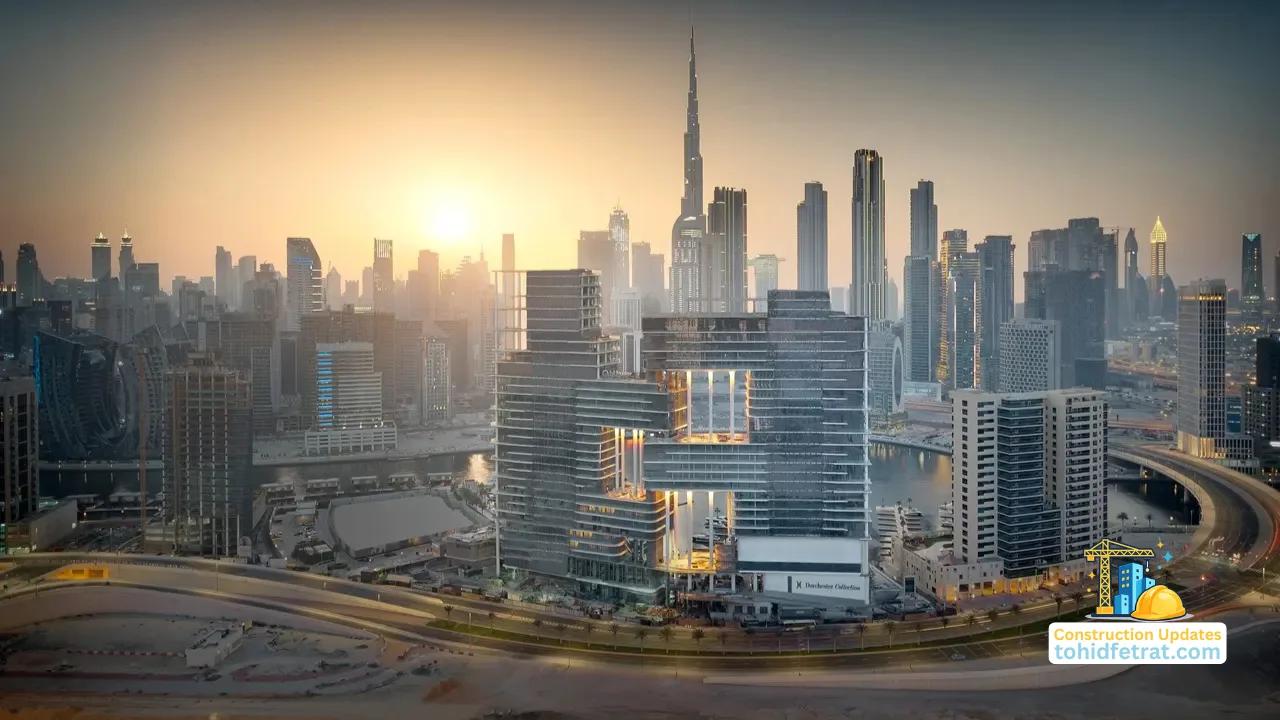 Luxury OMNIYAT waterfront development with Downtown Dubai skyline and Burj Khalifa during sunset for OMNIYAT Construction Updates Presented by Tohid Fetrat