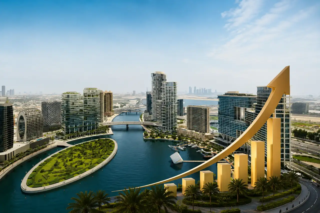 Marasi Bay waterfront skyline with luxury growth chart representing OMNIYAT ultra luxury development growth in Dubai Presented by Tohid Fetrat