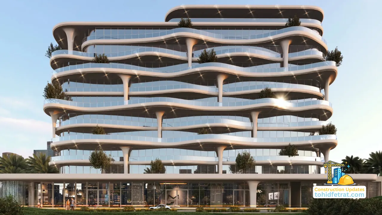 Modern luxury building with curved architectural balconies during Palladium Development Construction Updates in Dubai Presented by Tohid Fetrat