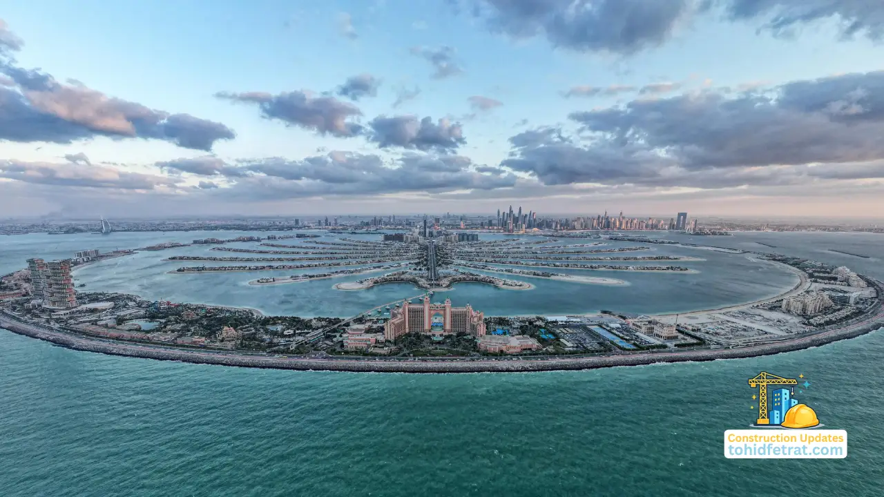 Aerial panoramic view of Palm Jumeirah waterfront villas and island development during Palm Jumeirah Construction Updates in Dubai Presented by Tohid Fetrat