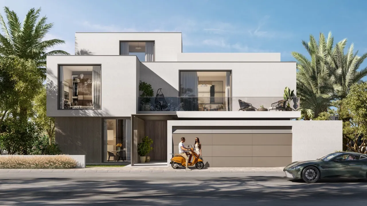 Palmiera at The Oasis Construction Update March 2026 featuring a modern luxury villa with contemporary architecture, private outdoor spaces and landscaped residential surroundings in Dubai. Presented by Tohid Fetrat