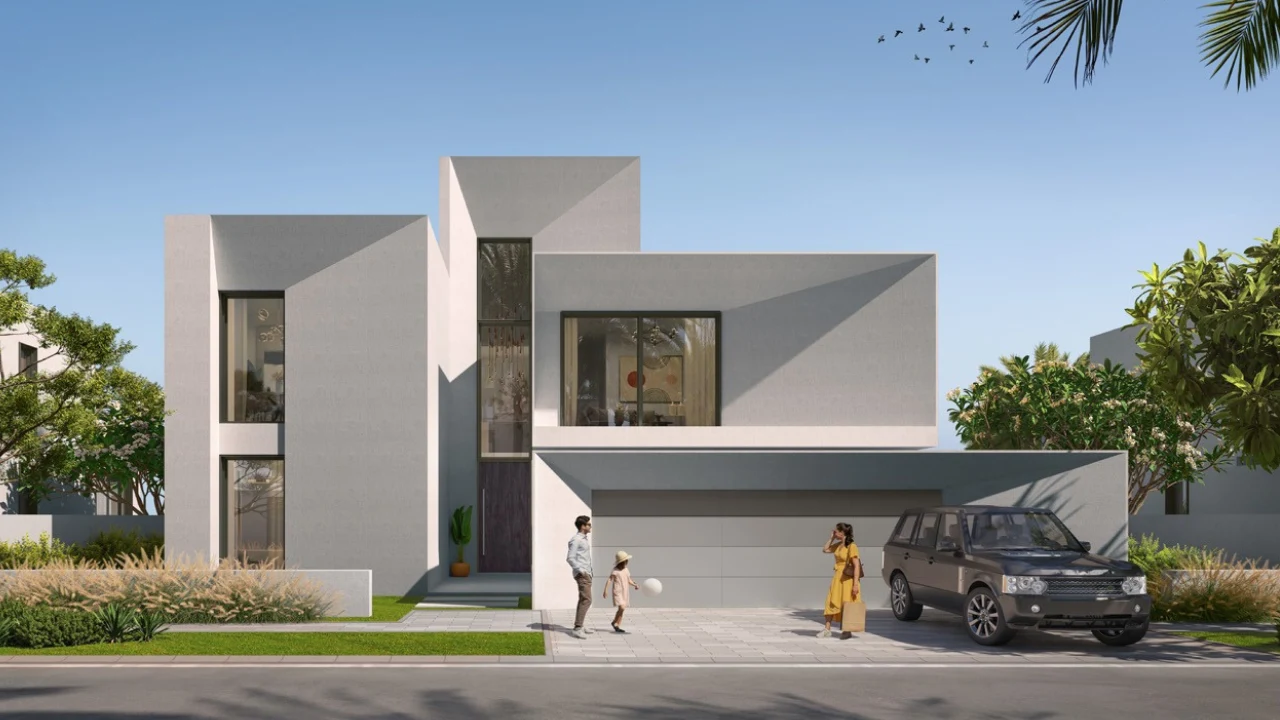 Palmiera at The Oasis Construction Update October 2024 featuring a contemporary villa exterior with clean architectural lines, landscaped surroundings and luxury residential setting in Dubai. Presented by Tohid Fetrat