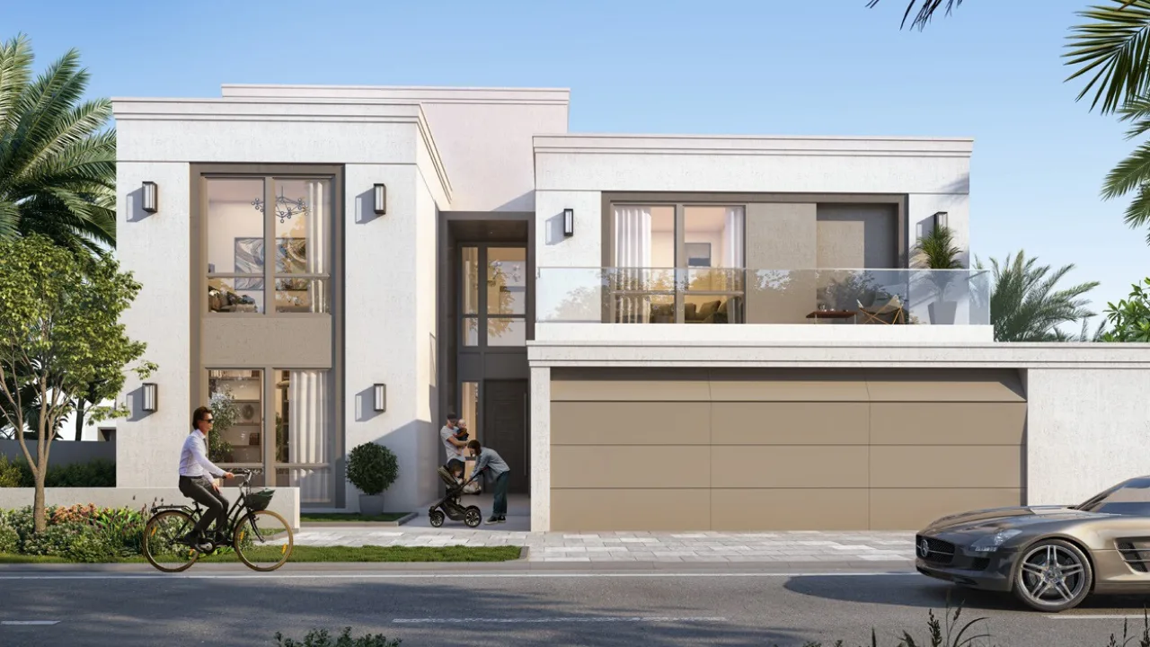 Palmiera at The Oasis Construction Update October 2025 featuring a luxury villa façade with contemporary architecture, landscaped frontage and upscale residential environment in Dubai. Presented by Tohid Fetrat