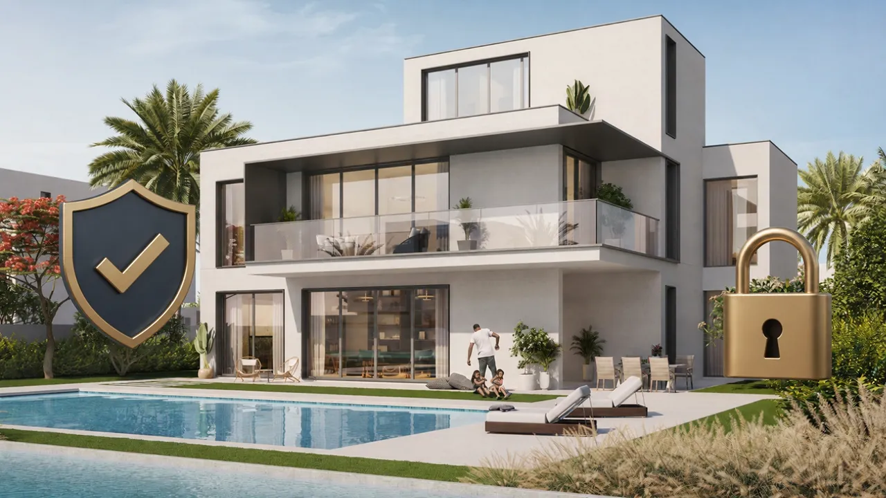 Palmiera at The Oasis escrow account illustration featuring a luxury villa with security shield and lock symbols representing protected property investment in Dubai. Presented by Tohid Fetrat