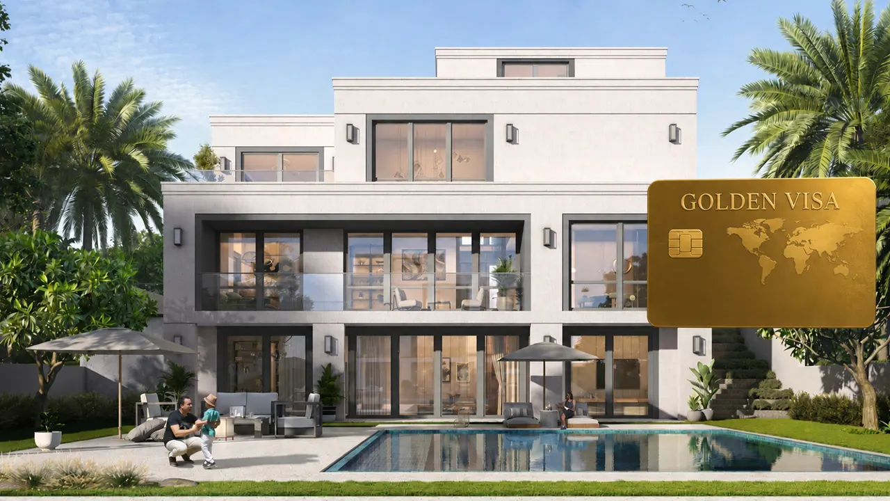 Palmiera at The Oasis Golden Visa illustration featuring a luxury villa and residency card symbol representing property investment eligibility in Dubai. Presented by Tohid Fetrat