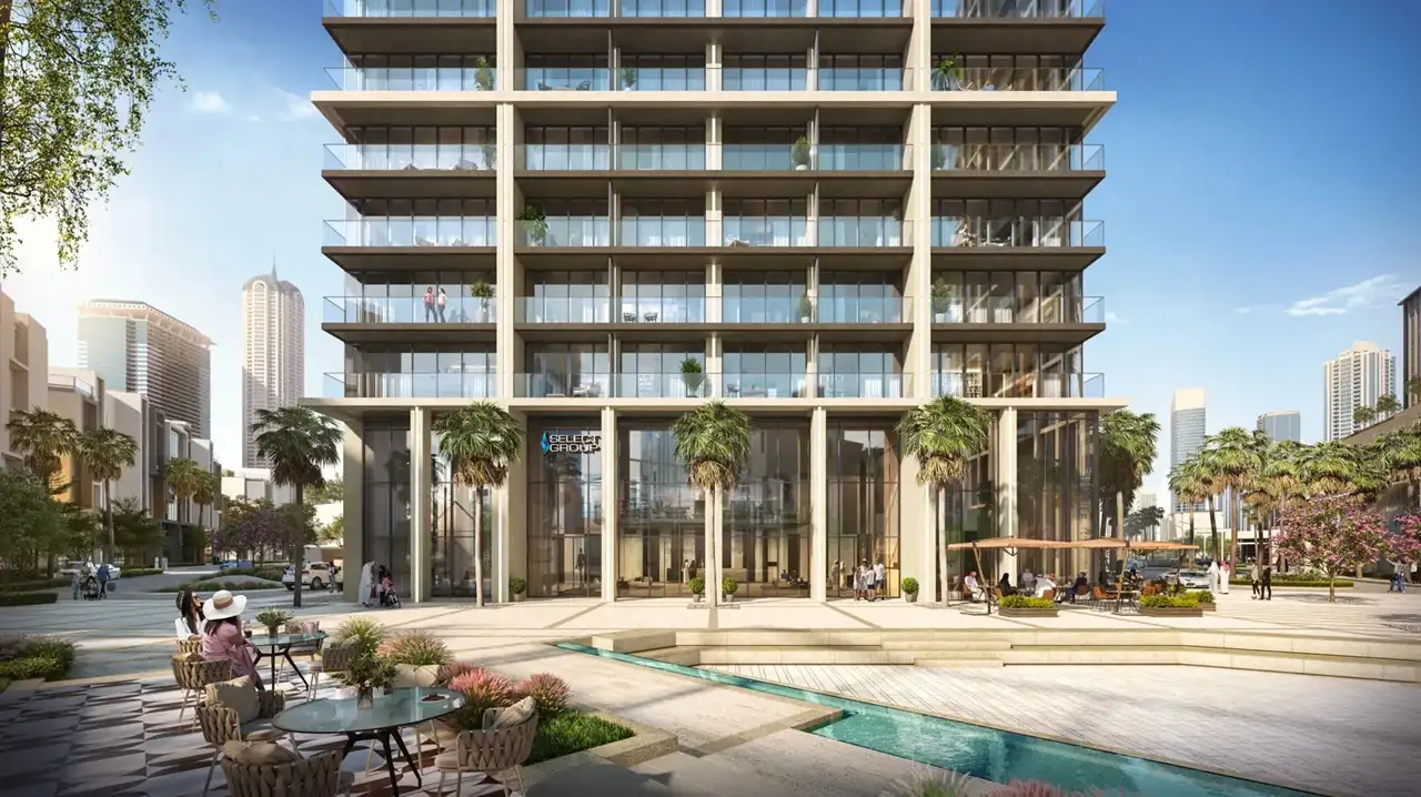 Peninsula Four The Plaza construction update December 2025 showing landscaped podium and luxury residences in Business Bay Dubai Presented by Tohid Fetrat