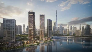 Peninsula Four The Plaza by Select Group waterfront towers with Burj Khalifa skyline views along Dubai Canal in Business Bay Dubai Presented by Tohid Fetrat