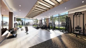 Peninsula Four The Plaza by Select Group luxury fitness center with waterfront skyline views in Dubai Presented by Tohid Fetrat