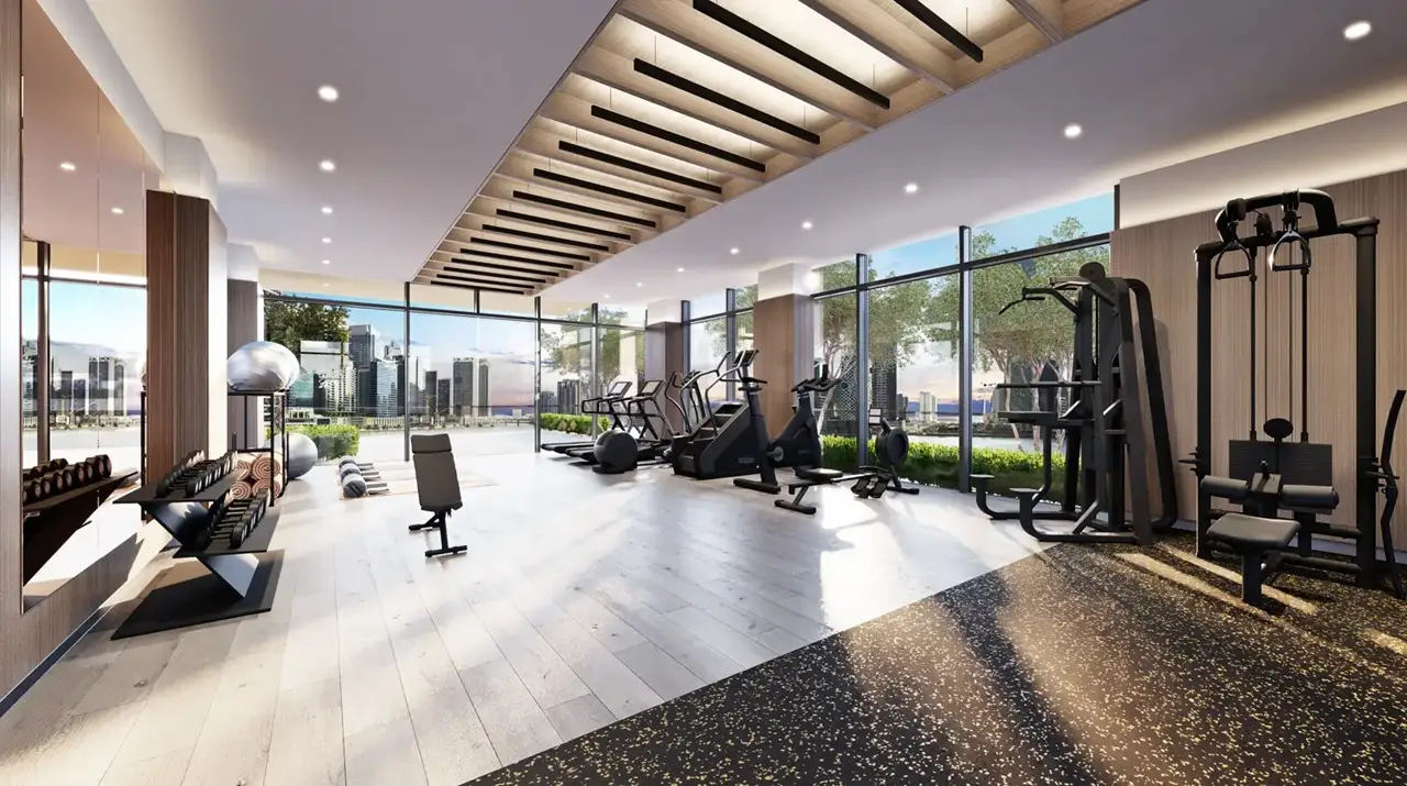 Peninsula Four The Plaza by Select Group luxury fitness center with waterfront skyline views in Dubai Presented by Tohid Fetrat