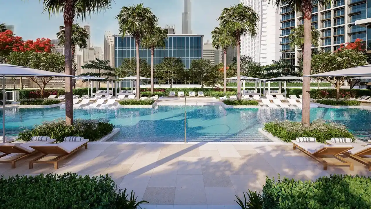 Peninsula Four The Plaza by Select Group lagoon style swimming pool with landscaped leisure areas in Business Bay Dubai Presented by Tohid Fetrat