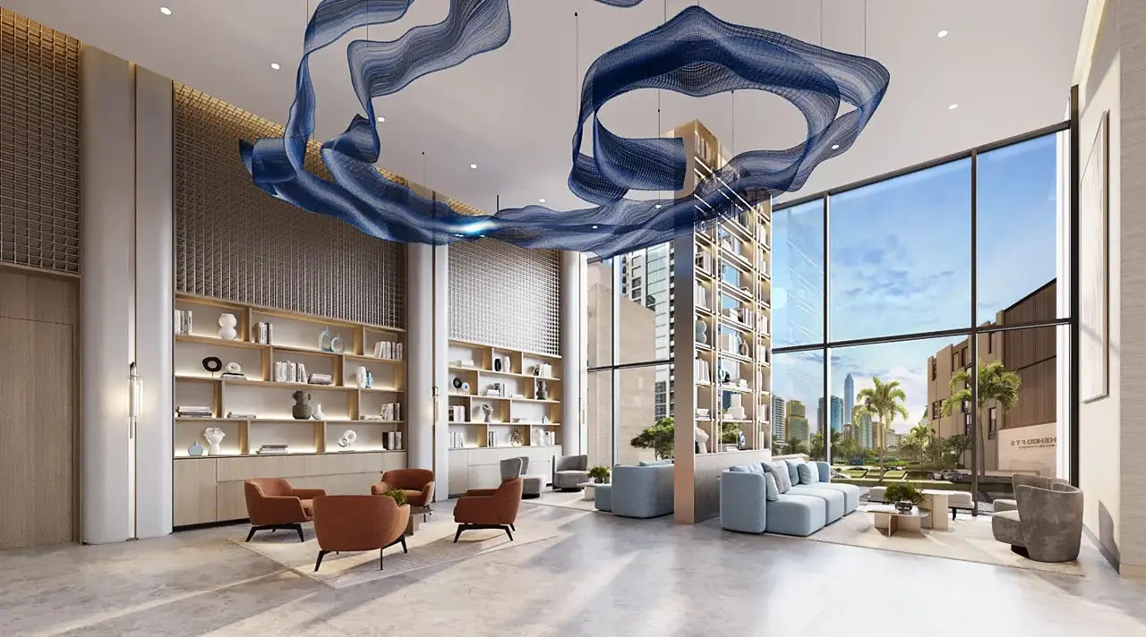 Peninsula Four The Plaza by Select Group luxury lobby interior with double height ceilings and modern lounge seating in Dubai Presented by Tohid Fetrat