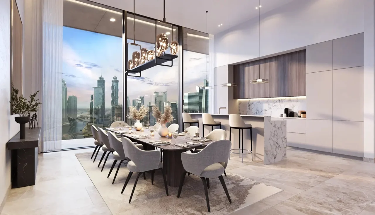 Peninsula Four The Plaza by Select Group luxury dining and kitchen interior with skyline views in Dubai Presented by Tohid Fetrat