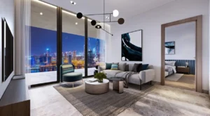 Peninsula Four The Plaza by Select Group luxury living room interior with skyline views in Business Bay Dubai Presented by Tohid Fetrat
