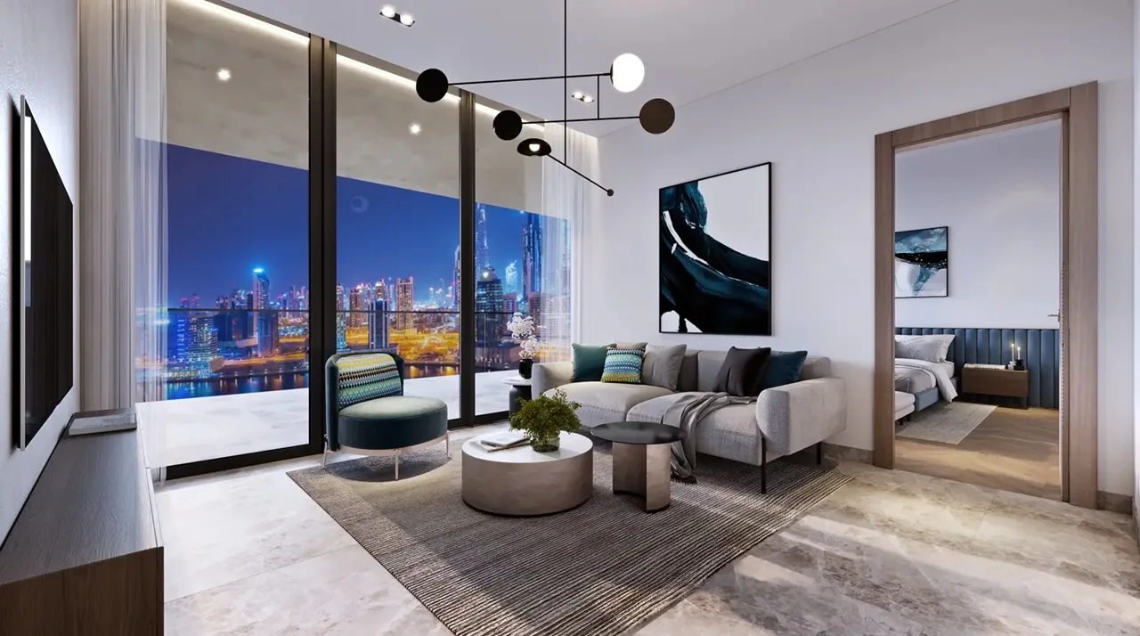 Peninsula Four The Plaza by Select Group luxury living room interior with skyline views in Business Bay Dubai Presented by Tohid Fetrat