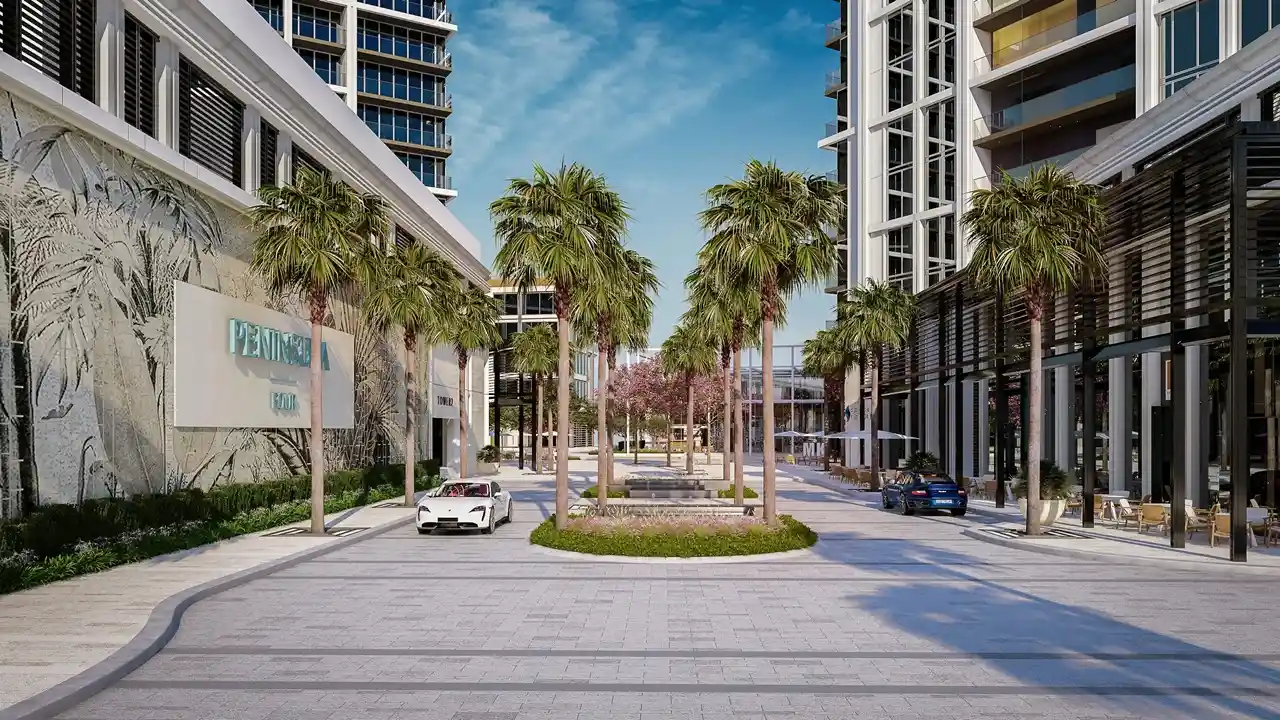 Peninsula Four The Plaza by Select Group palm lined boulevard and luxury residential entrance in Business Bay Dubai Presented by Tohid Fetrat
