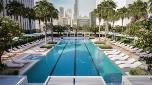 Peninsula Four The Plaza by Select Group resort style swimming pool with landscaped leisure deck in Business Bay Dubai Presented by Tohid Fetrat
