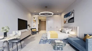Peninsula Four The Plaza by Select Group modern studio apartment interior with elegant bedroom and living area in Dubai Presented by Tohid Fetrat