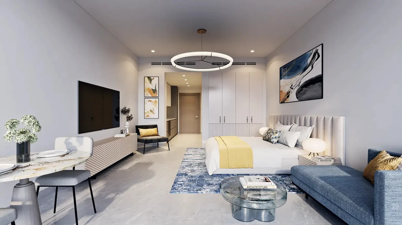 Peninsula Four The Plaza by Select Group modern studio apartment interior with elegant bedroom and living area in Dubai Presented by Tohid Fetrat