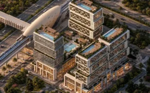 RAW District by Imtiaz in Downtown Jebel Ali aerial masterplan view featuring mixed use towers, rooftop pools, retail spaces, and direct metro connectivity in Dubai - Presented by Tohid Fetrat
