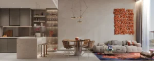 RAW District by Imtiaz in Downtown Jebel Ali modern apartment living interior with open kitchen, designer furniture, and contemporary decor in Dubai - Presented by Tohid Fetrat