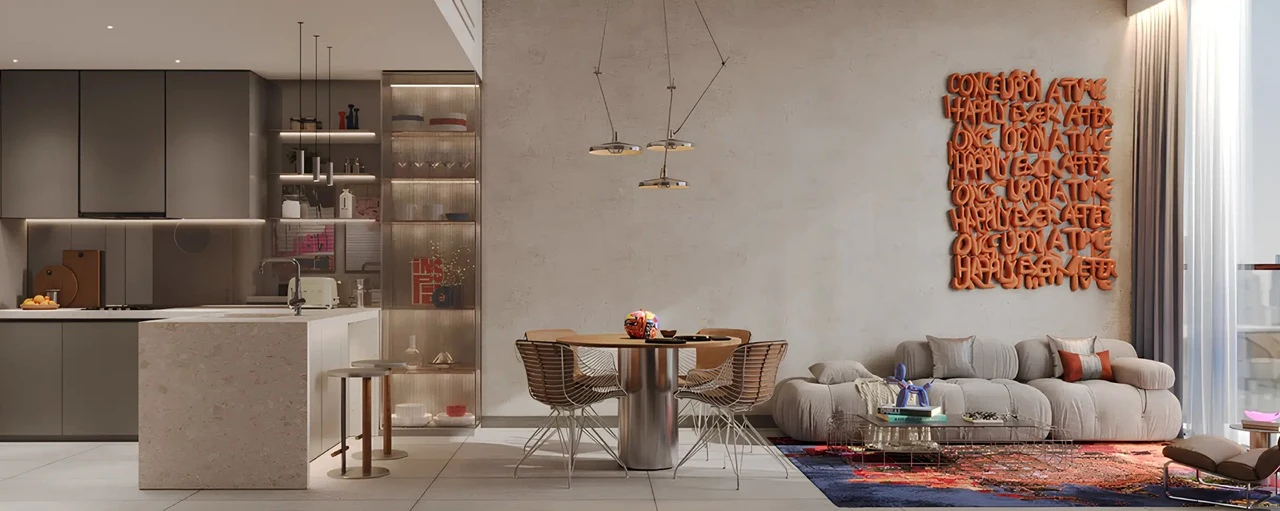 RAW District by Imtiaz in Downtown Jebel Ali modern apartment living interior with open kitchen, designer furniture, and contemporary decor in Dubai - Presented by Tohid Fetrat