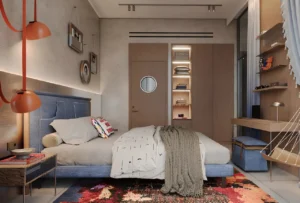 RAW District by Imtiaz in Downtown Jebel Ali modern bedroom interior with custom wood finishes, designer lighting, and contemporary furnishings in Dubai - Presented by Tohid Fetrat
