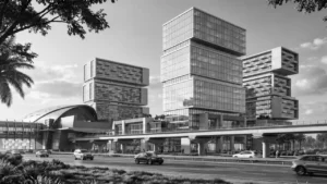 RAW District by Imtiaz in Downtown Jebel Ali black and white architectural masterplan view featuring mixed use towers and metro connectivity in Dubai - Presented by Tohid Fetrat