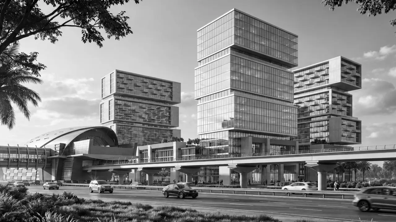 RAW District by Imtiaz in Downtown Jebel Ali black and white architectural masterplan view featuring mixed use towers and metro connectivity in Dubai - Presented by Tohid Fetrat