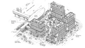 RAW District by Imtiaz in Downtown Jebel Ali conceptual location masterplan sketch showing metro connectivity, mixed use buildings, and retail spaces in Dubai - Presented by Tohid Fetrat